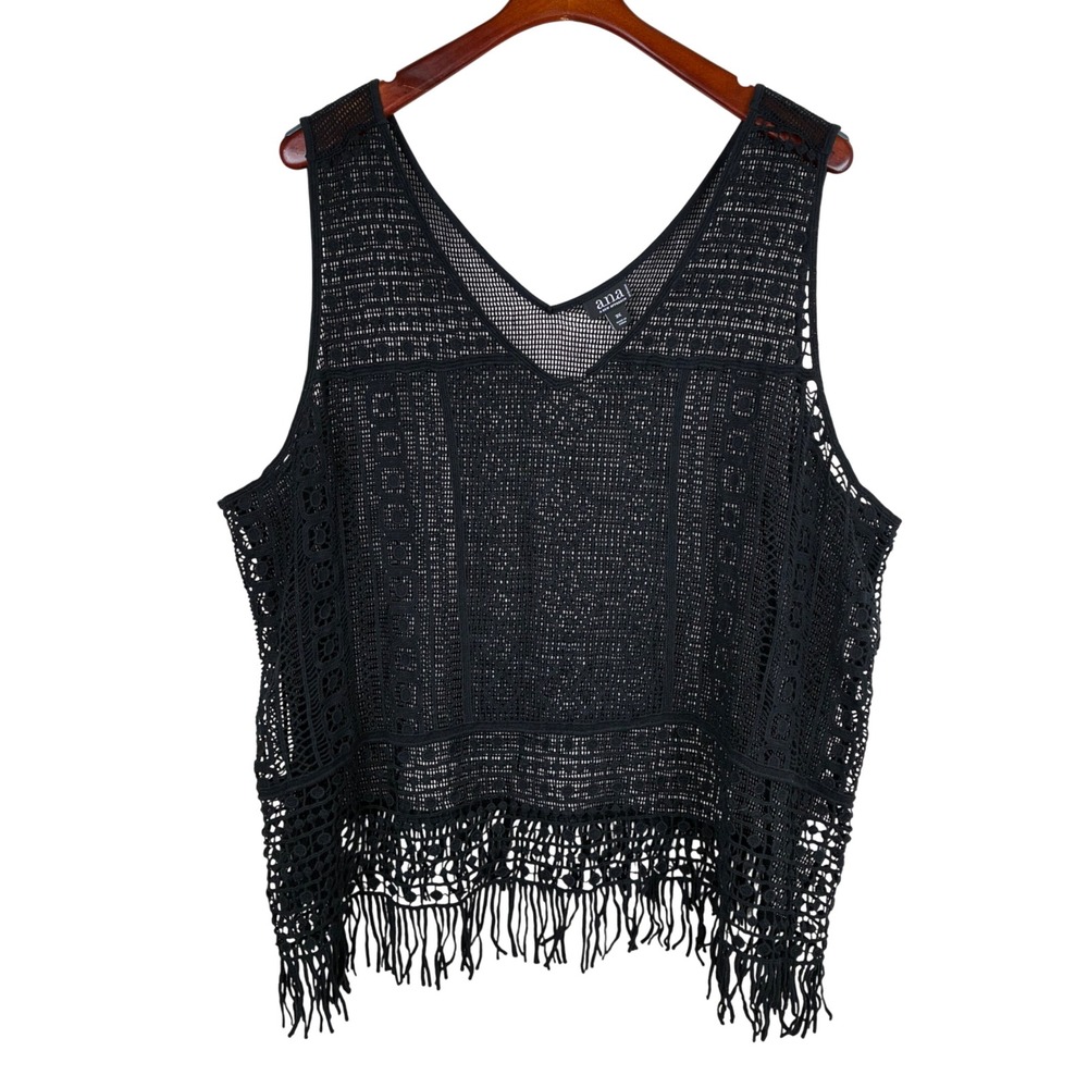 Cover Up Top Sz 3X %100 Cotton Crochet Fringe Boho Kimono Poncho Open Knit Black